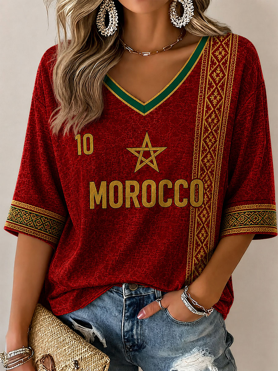 T-shirt décontracté imprimé football du Maroc pour femmes