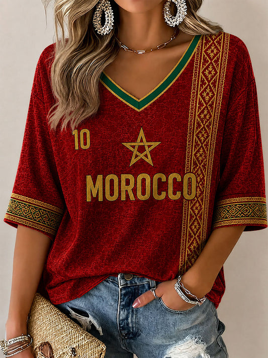 T-shirt décontracté imprimé football du Maroc pour femmes