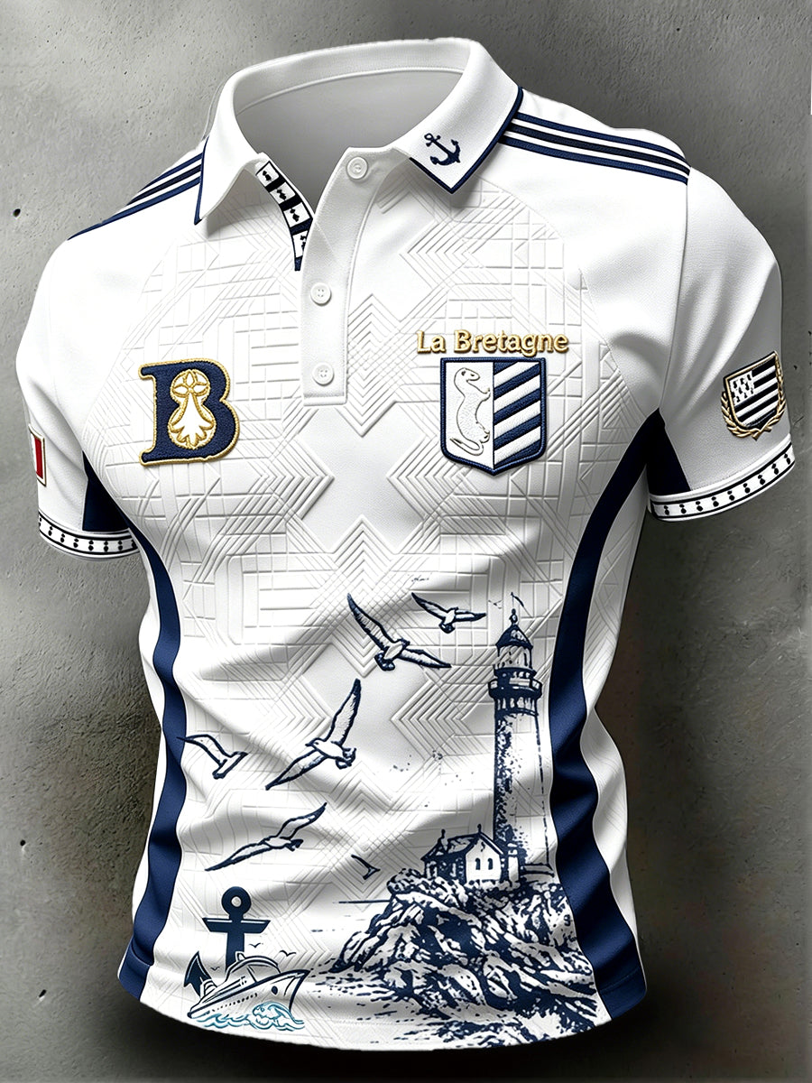 Polo de sport décontracté à imprimé phare de style breton blanc pour homme