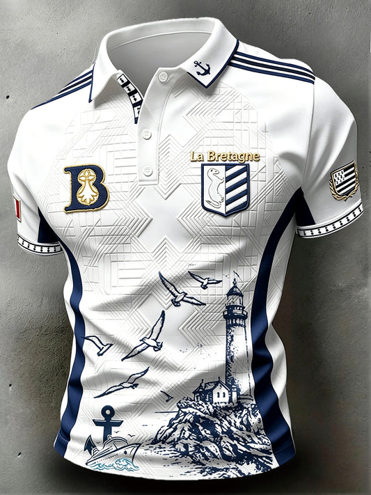 Polo de sport décontracté à imprimé phare de style breton blanc pour homme