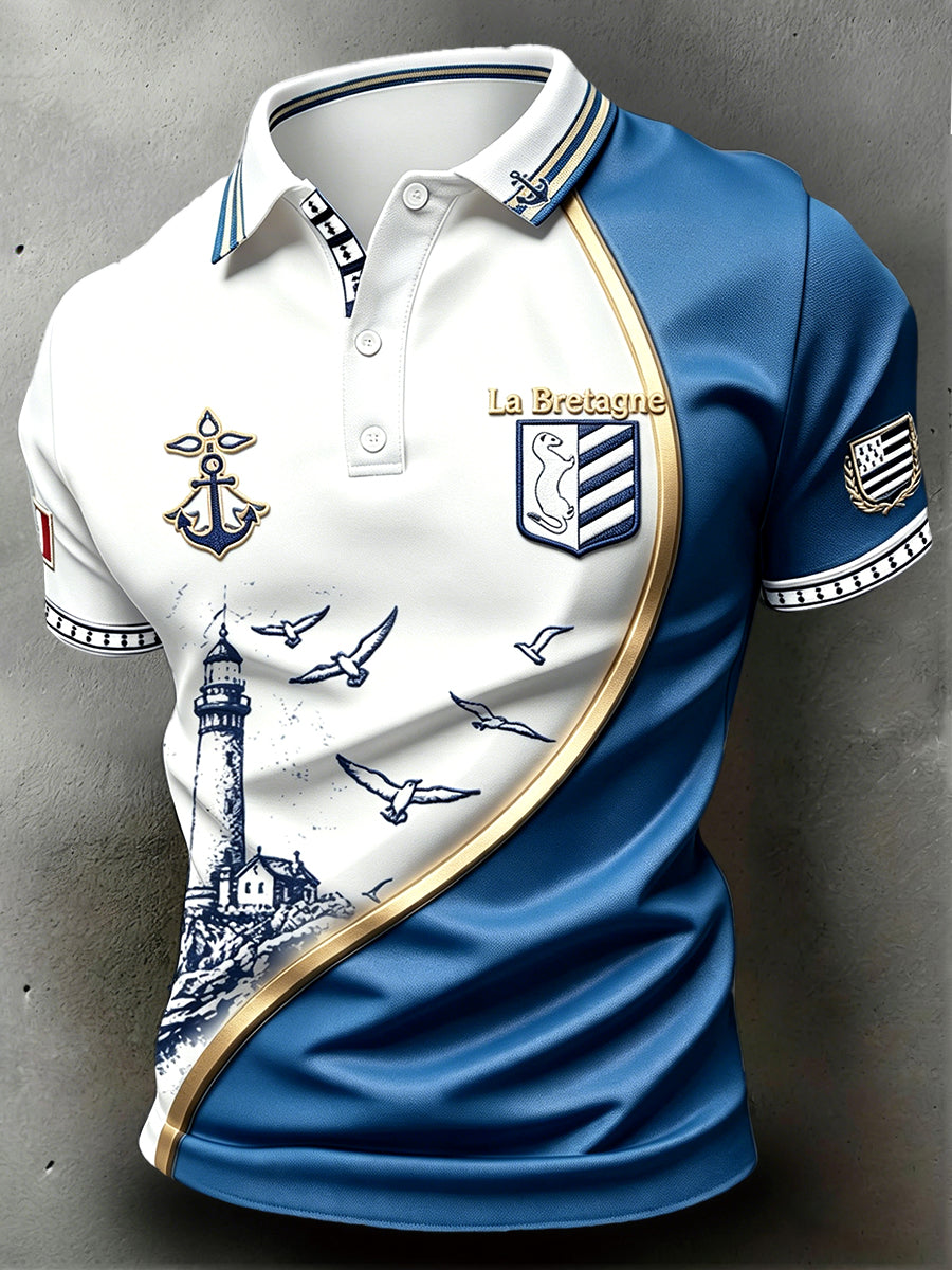 French Brittany Lighthouse Seagull Print Polo décontracté pour hommes