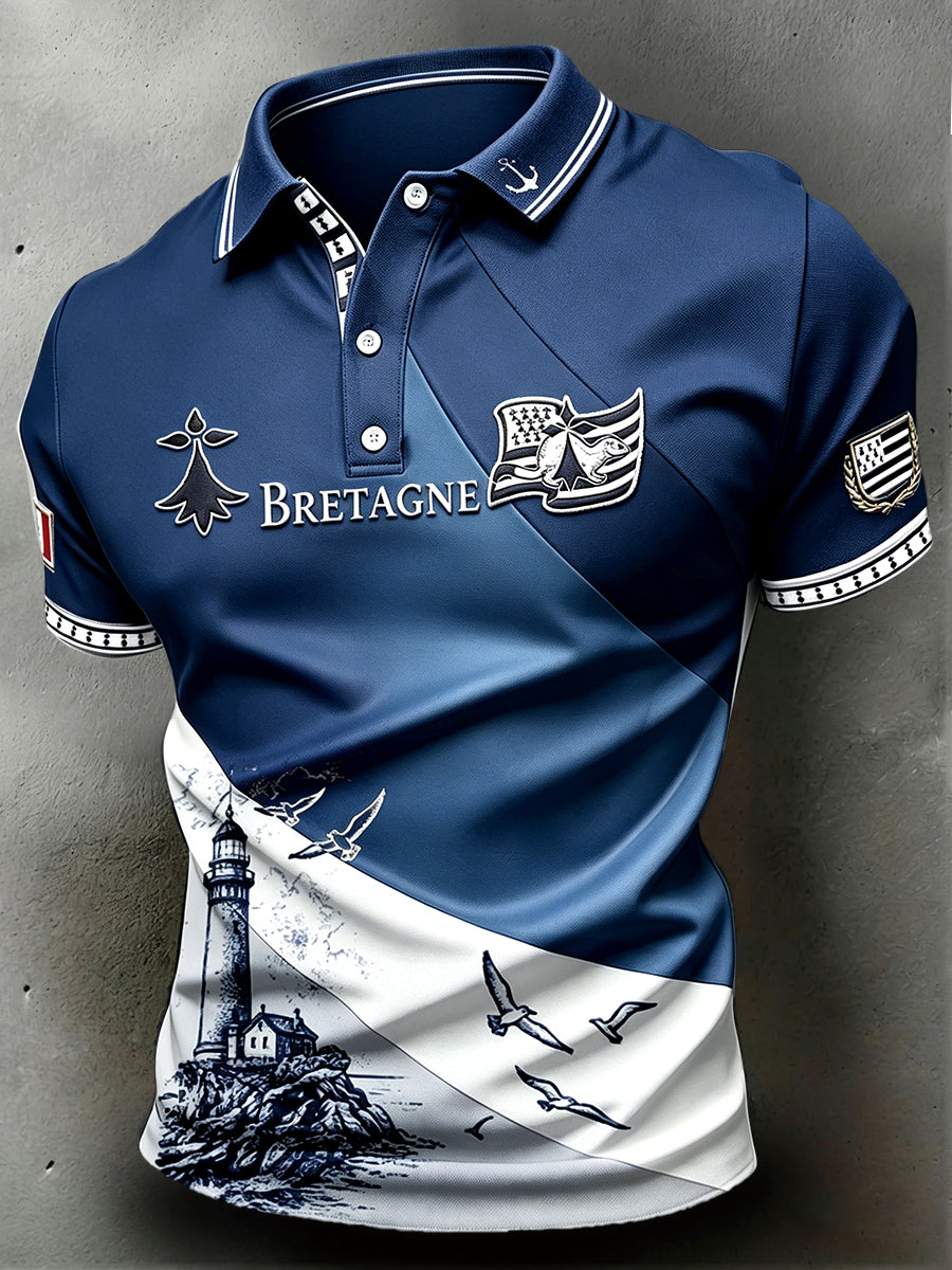 French Brittany Lighthouse Print Polo de sport décontracté pour hommes