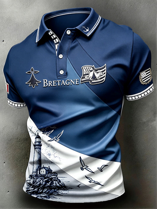 French Brittany Lighthouse Print Polo de sport décontracté pour hommes