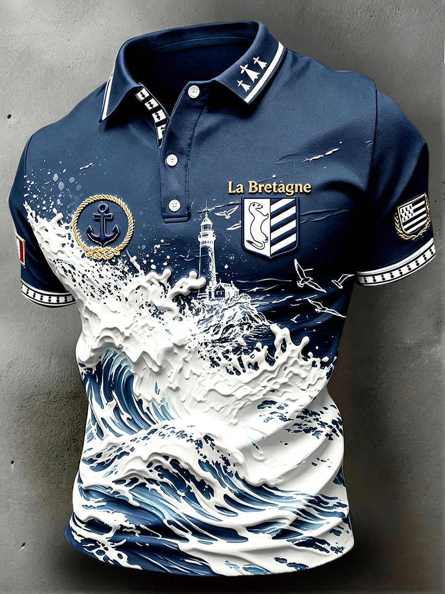 Polo de sport décontracté French Brittany Wave-Print Homme