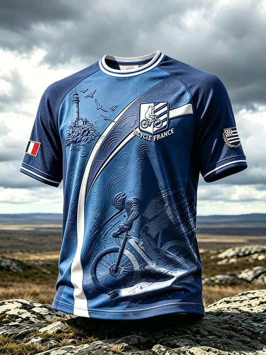 T-shirt décontracté bleu foncé à imprimé cycliste Breton pour homme