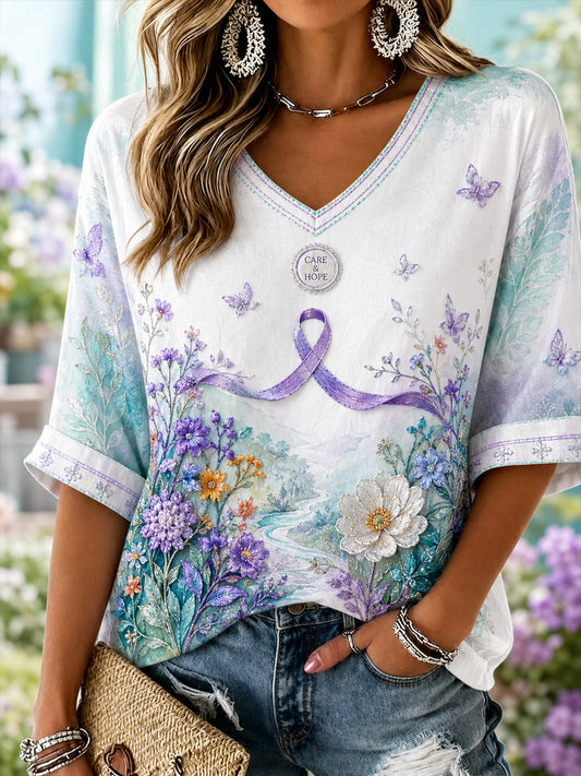 Chemise à col en V en lin à motif de sensibilisation à la maladie d'Alzheimer pour femmes