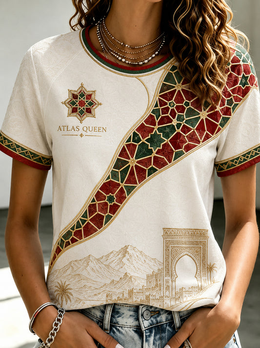 T-shirt décontracté à manches courtes pour femme, imprimé sur le thème de la passion marocaine pour le football