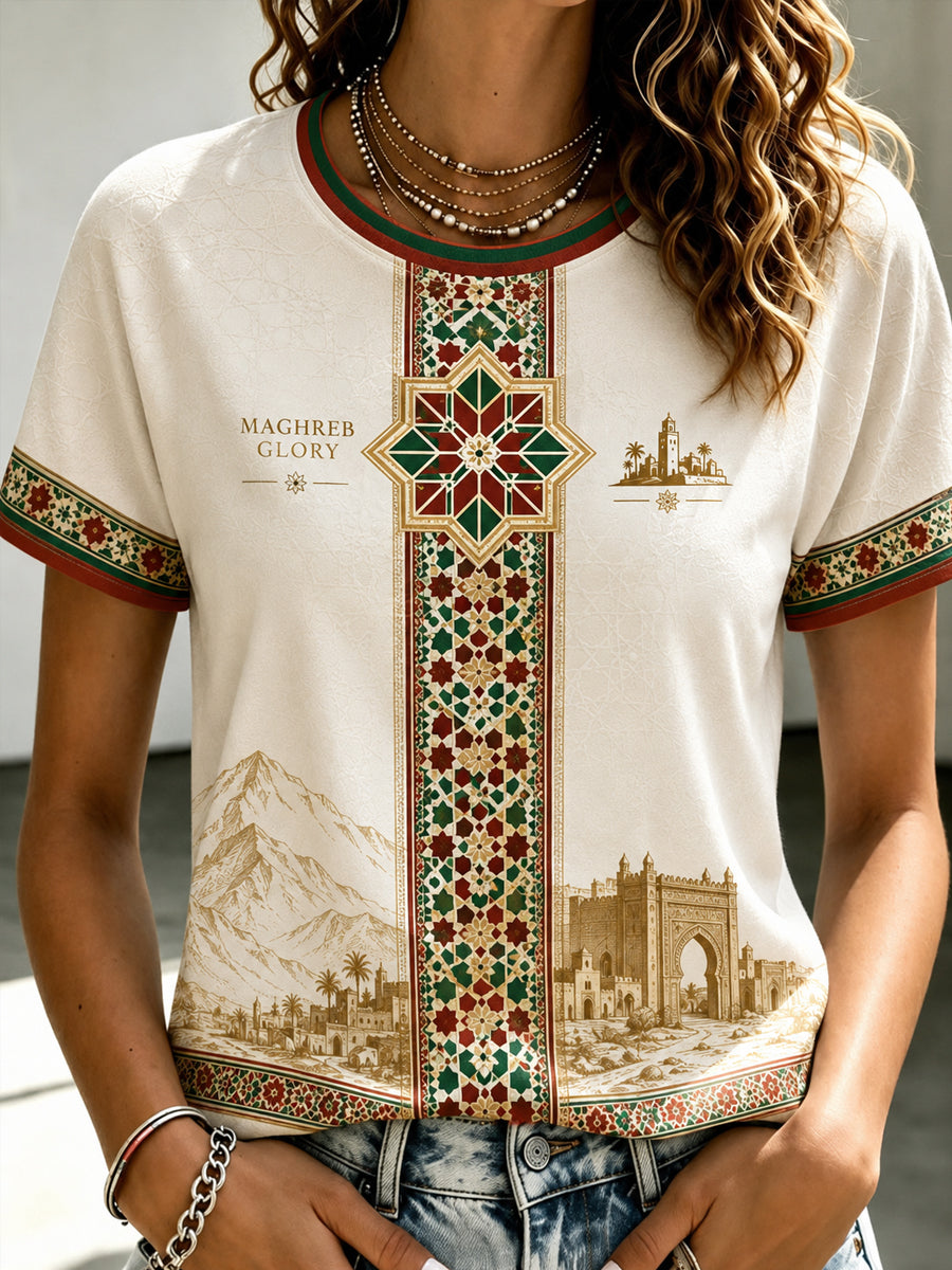 T-shirt décontracté à manches courtes pour femme, imprimé sur le thème de la passion marocaine pour le football