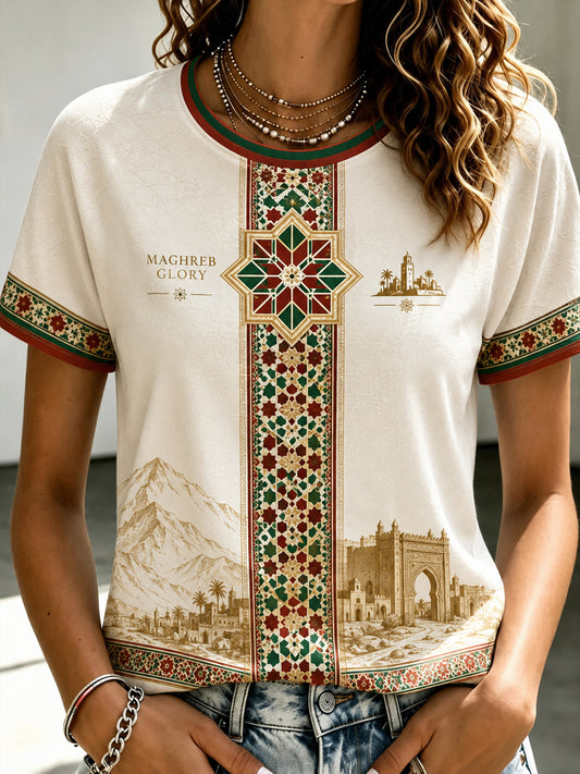T-shirt décontracté à manches courtes pour femme, imprimé sur le thème de la passion marocaine pour le football