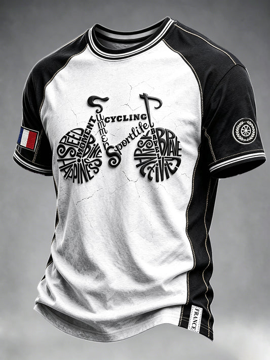 T-shirt Décontracté Homme France 2026 Cyclisme Noir Et Blanc Imprimé Bloc