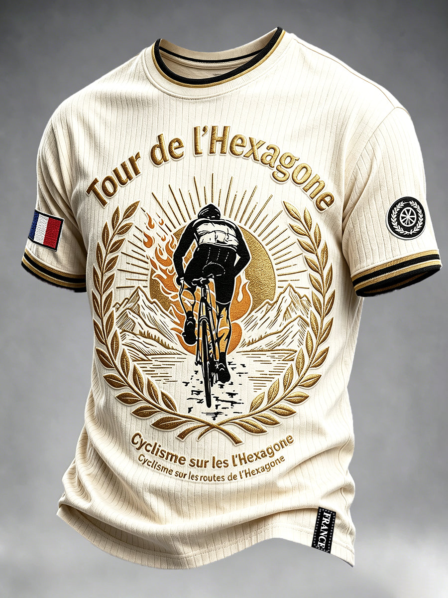 T-shirt décontracté imprimé blanc cassé rétro France Round Hexagonal Cycling pour homme