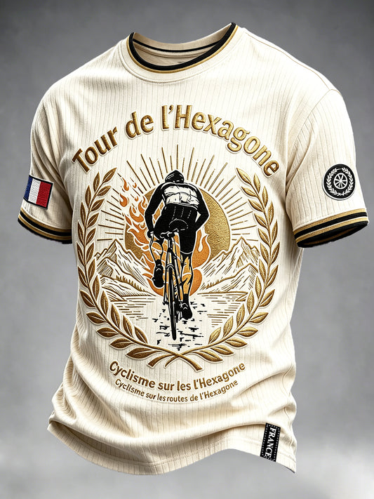 T-shirt décontracté imprimé blanc cassé rétro France Round Hexagonal Cycling pour homme