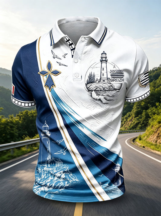 Polo décontracté à manches courtes pour homme, imprimé phare de Bretagne, France