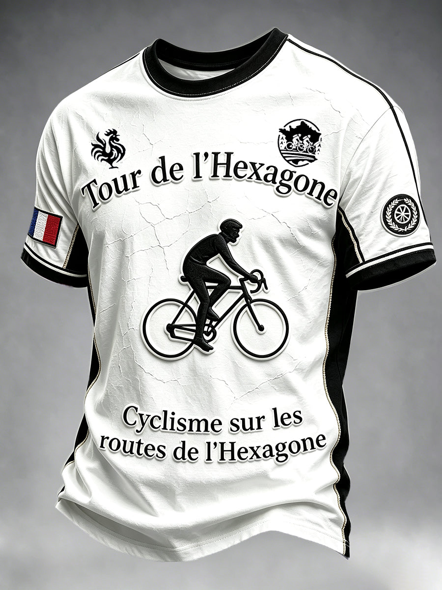 T-shirt décontracté à imprimé patchwork 3D Tour de France pour homme