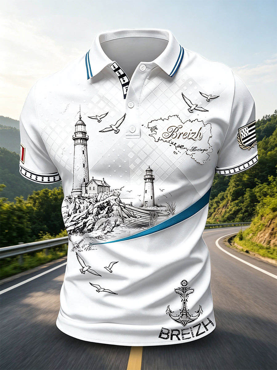 Polo décontracté blanc pour homme, imprimé phare, style breton