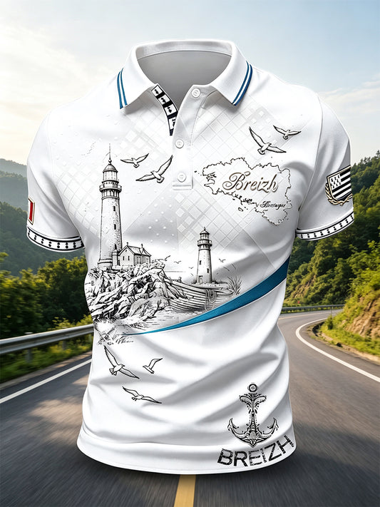 Polo décontracté blanc pour homme, imprimé phare, style breton