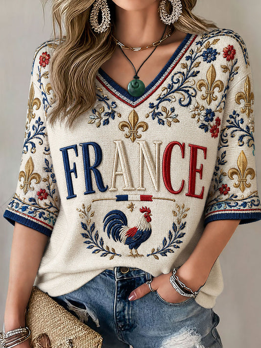 T-shirt femme France mi-long à manches et col en V