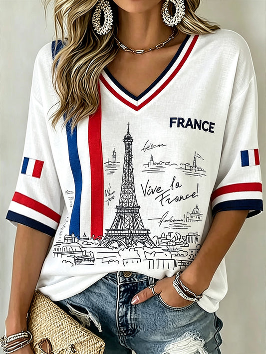 T-shirt à manches mi-longues et col en V, imprimé en hommage aux femmes françaises