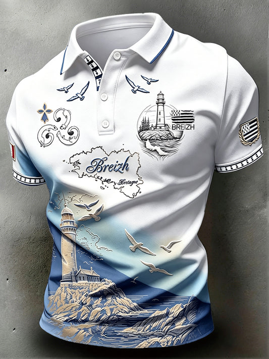Polo décontracté pour homme, imprimé dégradé représentant un phare breton vintage