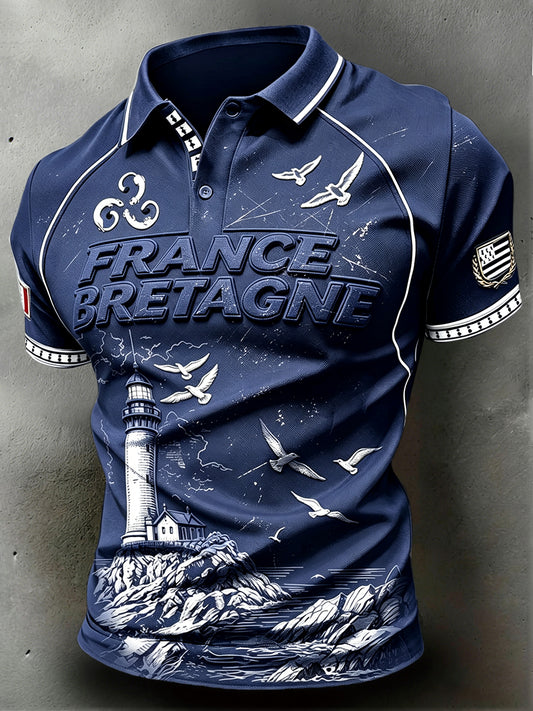 Polo décontracté pour homme, bleu foncé, style breton, imprimé graffiti de phare