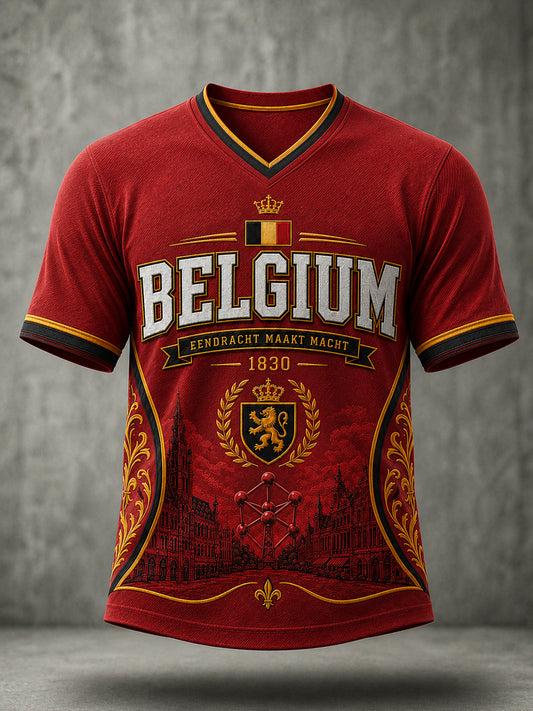 T-shirt à manches courtes et col en V pour hommes, motif «Amoureux de la Belgique»