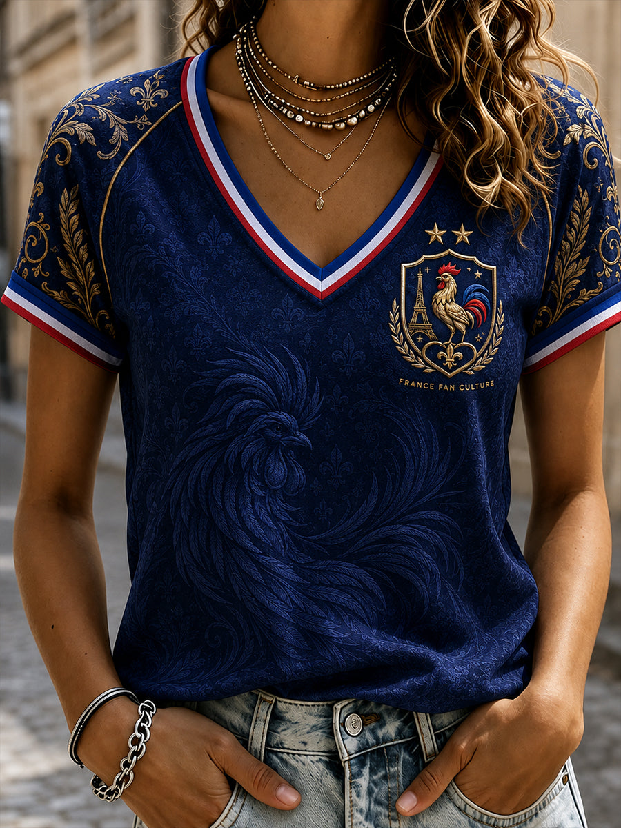 T-shirt femme à col en V et épaules dénudées, manches courtes, commémoratif patriotique français