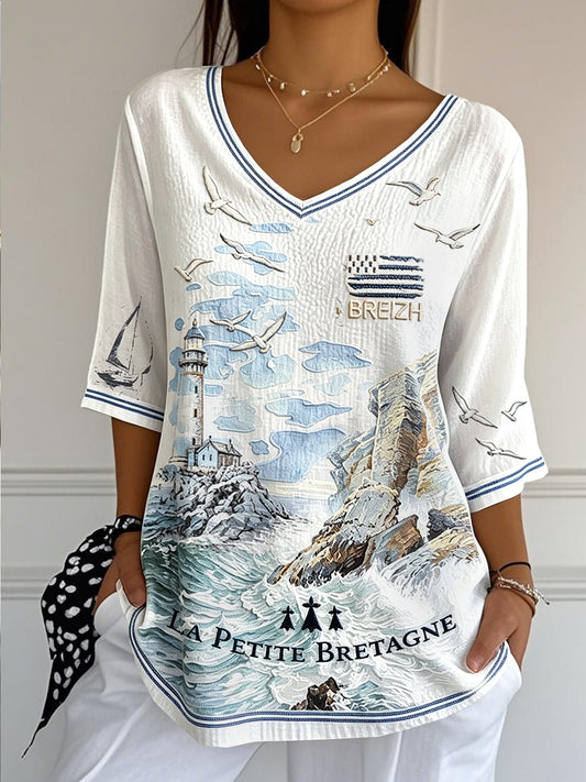 T-shirt à col en V décontracté en coton et lin pour femmes French Brittany Print