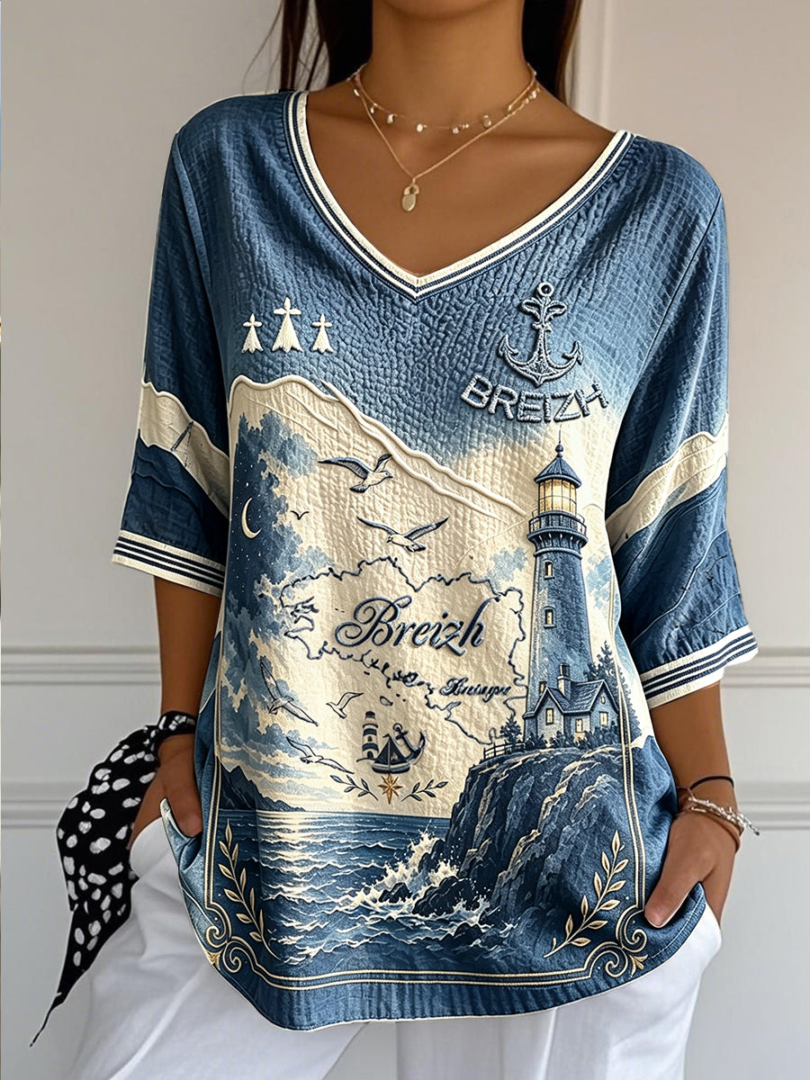 Femmes Bleu Profond Dégradé Français Bretagne Imprimer Cool D'été Coton-Lin V-cou T-shirt