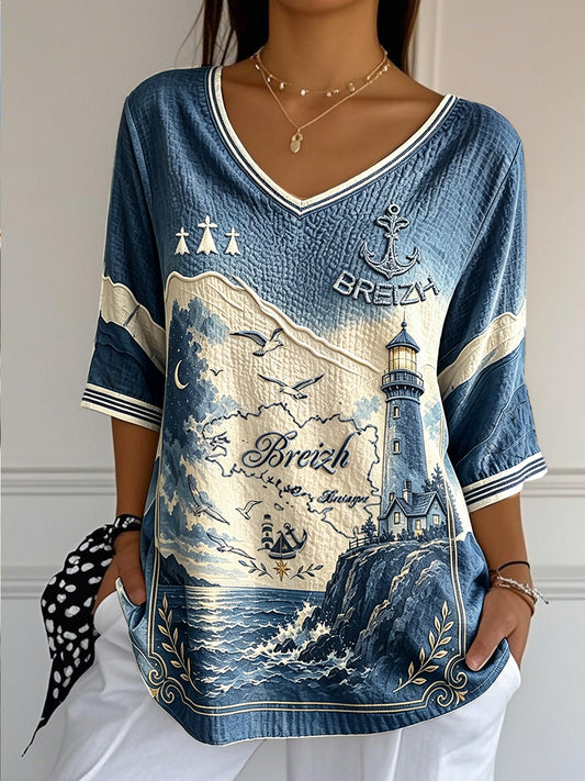 Femmes Bleu Profond Dégradé Français Bretagne Imprimer Cool D'été Coton-Lin V-cou T-shirt