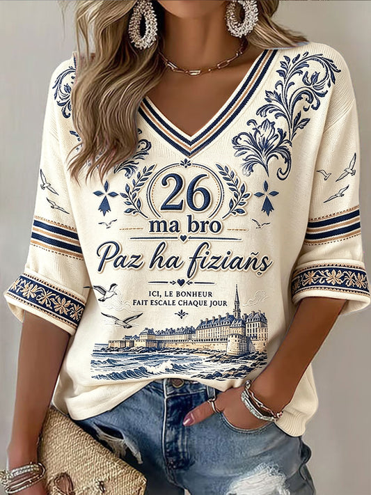 T-shirt Femme Blanc Cassé French Brittany 2026 Imprimé Cool Summer Col V