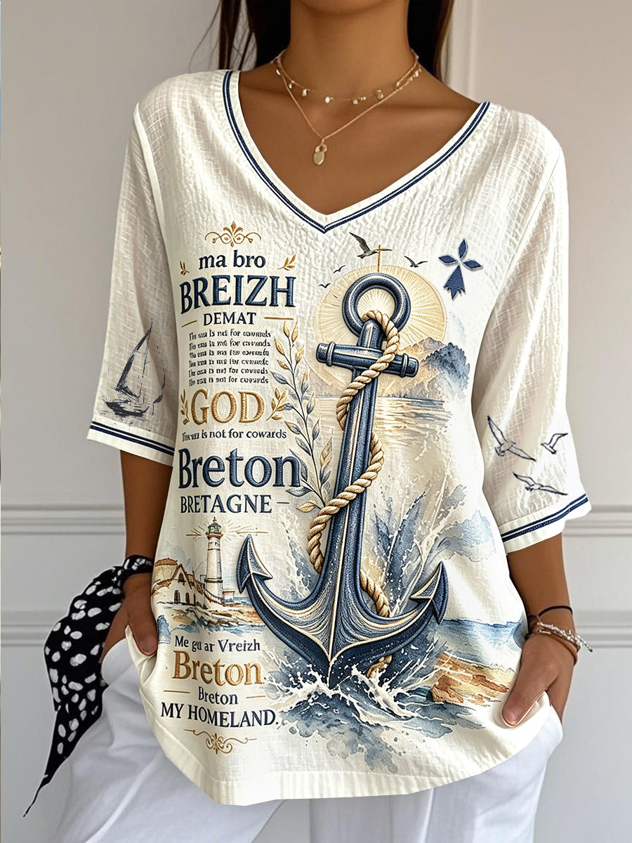 T-shirt Femme Blanc Cassé à Col en V Léger Coton-Lin Imprimé Breton Français