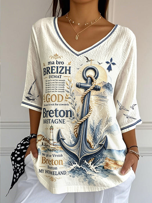 T-shirt Femme Blanc Cassé à Col en V Léger Coton-Lin Imprimé Breton Français