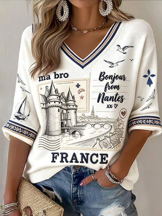 Tee-shirt Femme Blanc Imprimé Breton Cool Summer Col V