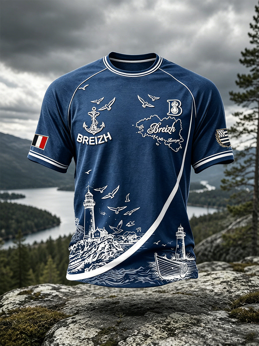 T-shirt décontracté imprimé bleu foncé de Bretagne pour hommes