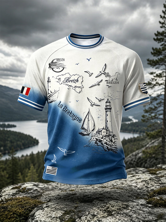 T-shirt décontracté pour homme à imprimé graffiti en dégradé, style breton français
