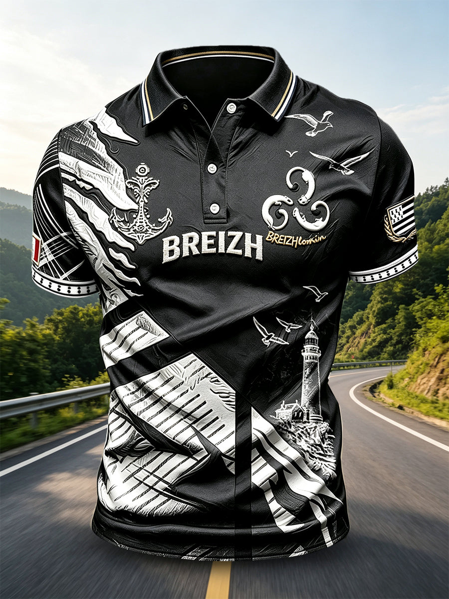 Polo homme noir à imprimé breton, style décontracté et professionnel