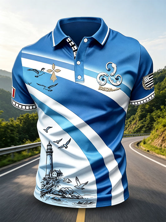 Polo homme bleu à imprimé marin, de style décontracté et professionnel