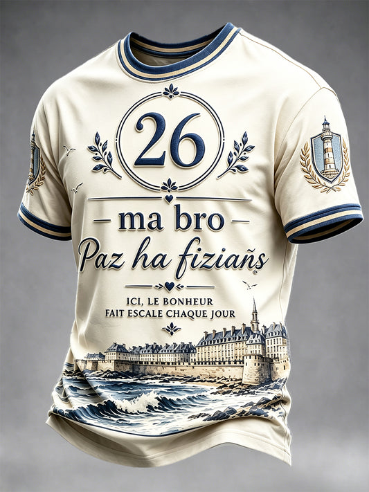 T-shirt décontracté rétro beige à imprimé breton français pour homme, collection 2026