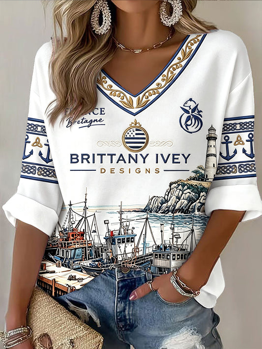 T-shirt Femme Blanc Breton Port Heritage Imprimé Décontracté Col V