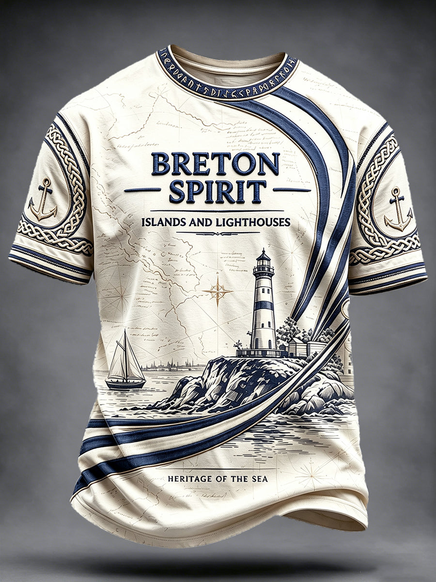 T-shirt décontracté à imprimé culturel pour homme, drapeau français blanc cassé et phare de Bretagne