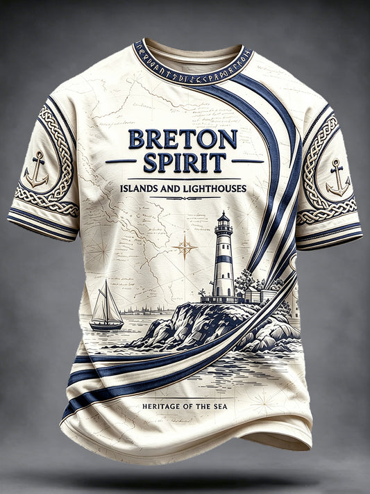 T-shirt décontracté à imprimé culturel pour homme, drapeau français blanc cassé et phare de Bretagne