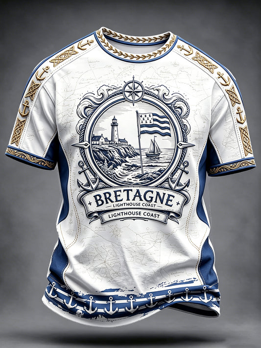 T-shirt décontracté blanc à imprimé patchwork culturel phare de style breton pour hommes