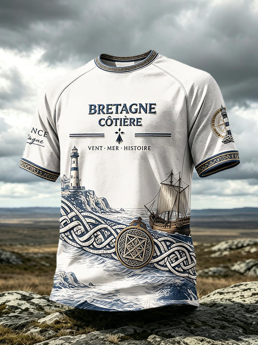 T-shirt décontracté à imprimé de phare de Bretagne française pour hommes