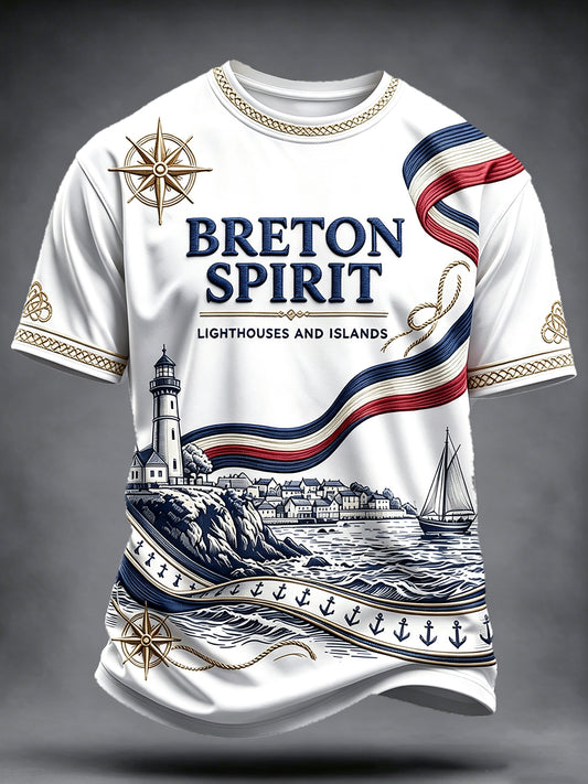 T-shirt décontracté blanc drapeau français Bretagne phare imprimé culturel pour homme