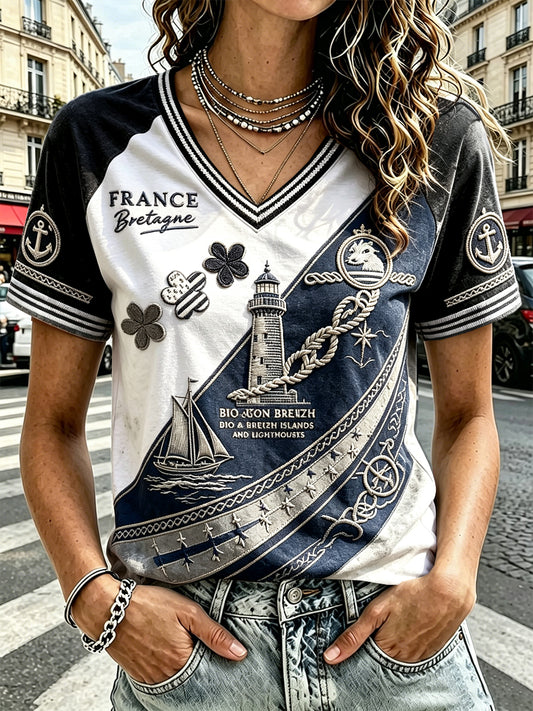 T-shirt décontracté à col en V avec imprimé patchwork français pour femmes