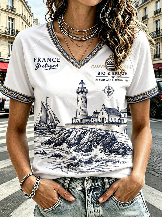 T-shirt Femme Blanc Décontracté Style Breton Imprimé Culturel
