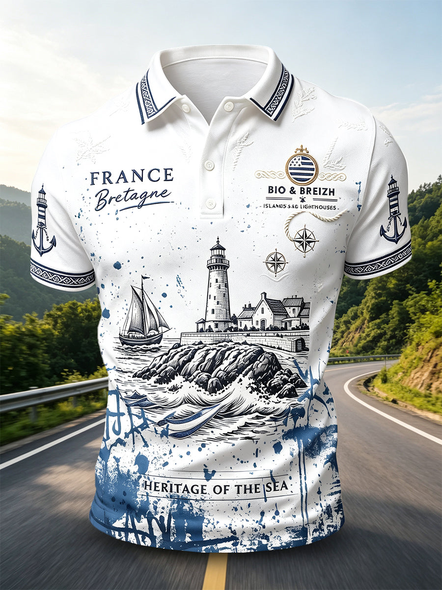 Polo décontracté blanc à imprimé breton pour homme