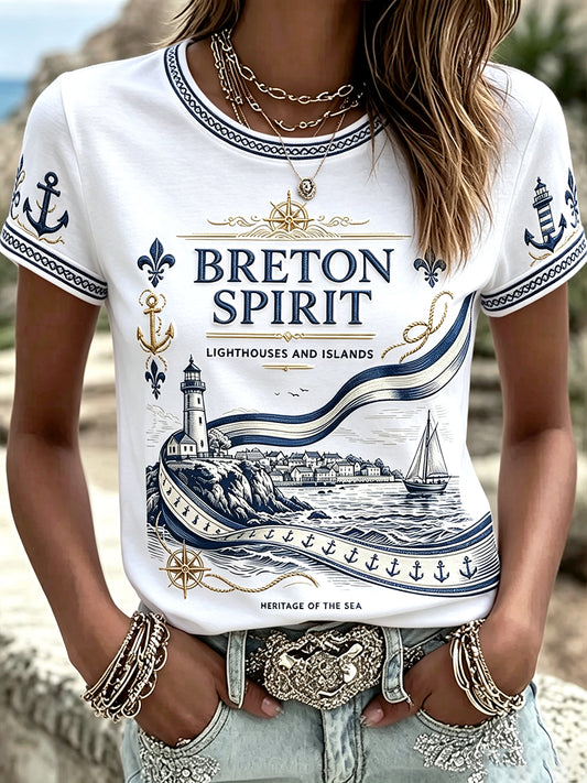 T-shirt décontracté pour femme, blanc, imprimé phare breton et voilier