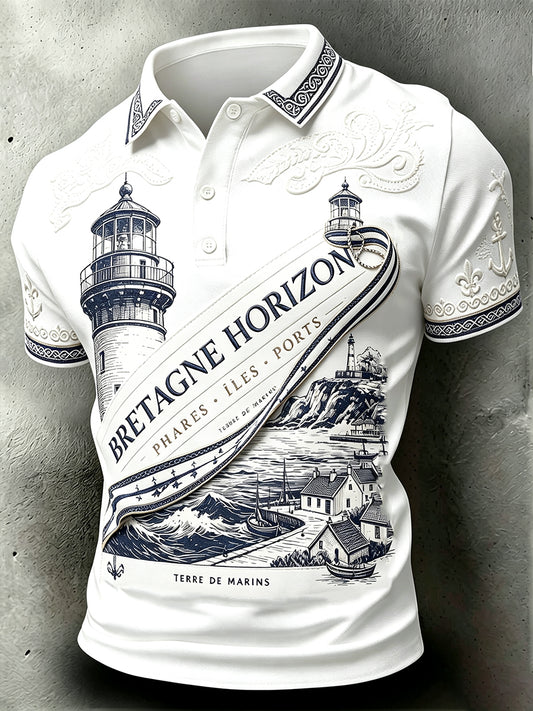 Polo décontracté blanc pour homme, de style breton, orné d’un imprimé culturel