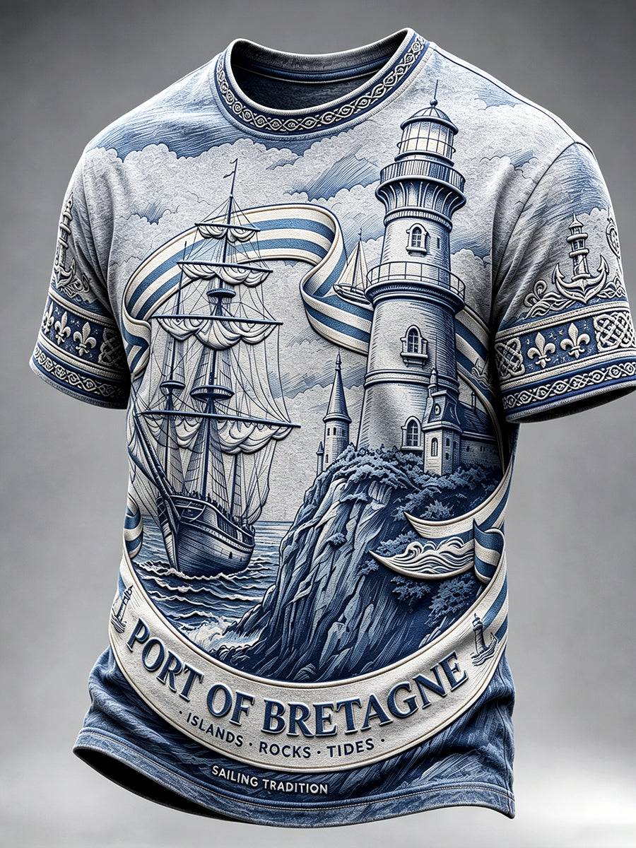 T-shirt décontracté pour homme à imprimé phare et voilier de Bretagne, France